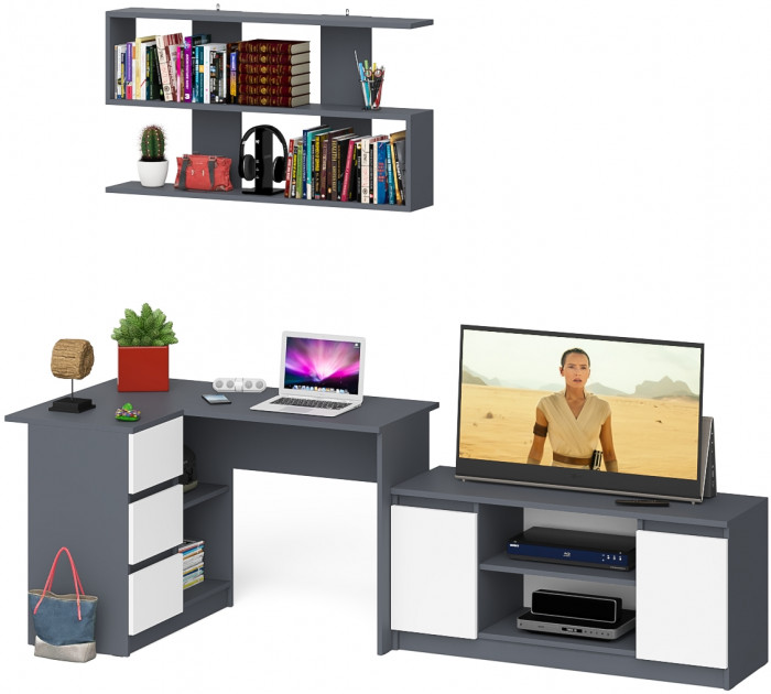 Мори компьютерный стол МС-16 левый + Тумба МТВ1200.1 + Полка 1200, графит/белый
