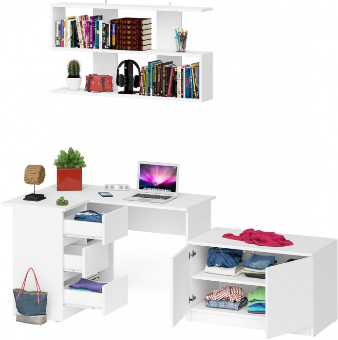 Мори Стол компьютерный МС-16 левый + Тумба МА900.1 + Полка 1200, цвет белый, ШхГхВ 214,8х84,9х209,6 см., НЕ универсальная сборка