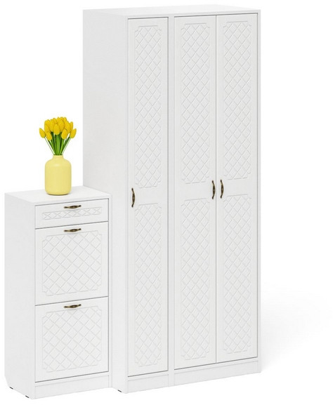 Прихожая П-6 Компоновка № 48, белая шагрень/фасады МДФ белое дерево фрезеровка ромб