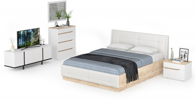 Муссон Кровать 11.28 + под. ортопед + 16.03 + 13.97 + Зеркало СВК + Тумба ТВ 13.276, белый/чёрный/дуб эндгрейн элегантный/кожзам белый, 1600х2000, б/м