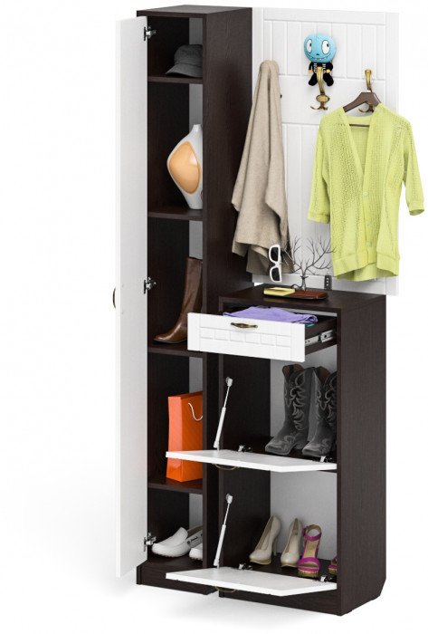 Прихожая П-6 Компоновка № 24, цвет венге/фасады МДФ белое дерево фрезеровка прованс, ШхГхВ 90х35х210 см., универсальная сборка