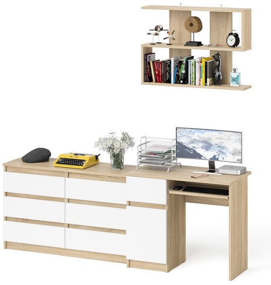 Мори компьютерный стол МС-1 левый + Комод МК1200.6 + Полка 900, дуб сонома/белый