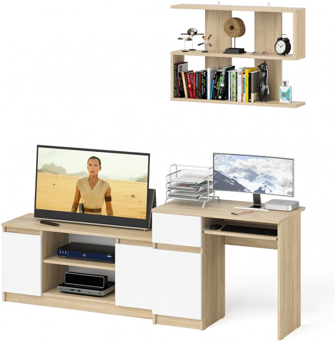 Мори компьютерный стол МС-1 левый + Тумба МТВ1200.1 + Полка 900, дуб сонома/белый