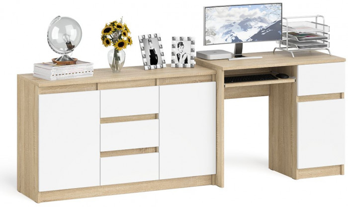Мори компьютерный стол МС-1 правый + Комод МК1200.3, дуб сонома/белый