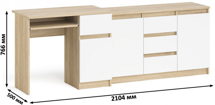 Мори компьютерный стол МС-1 правый + Комод МК1200.3, дуб сонома/белый