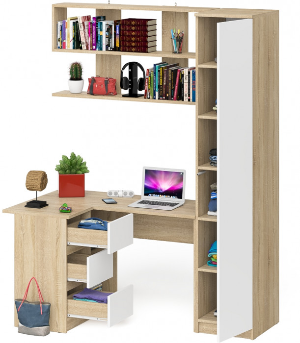 Мори компьютерный стол МС-16 левый + Пенал МШ400.1 + Полка 1200, дуб сонома/белый