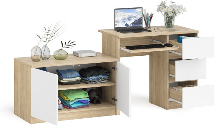 Мори компьютерный стол МС-6 правый + Тумба МА900.1, дуб сонома/белый