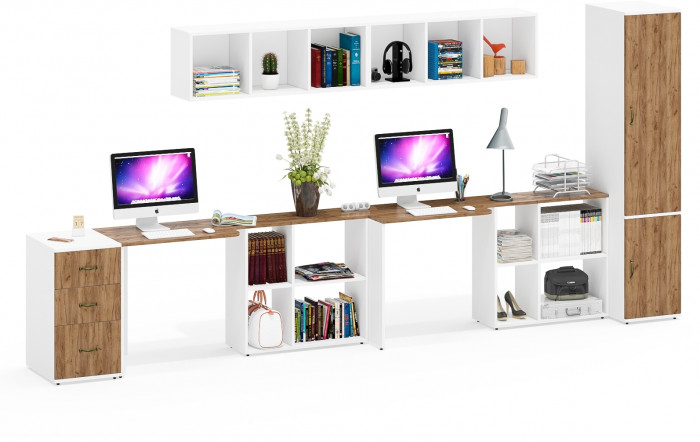 Лидер-8 Стол + Полка + Стол + Полка + Пенал МД 23Б + Тумба МД 3.16, цвет белый шагрень/крафт золото, 410х50х75/190 или 270х120/50х75/190, НЕ ун. сб.