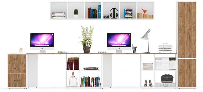 Лидер-8 Стол + Полка + Стол + Полка + Пенал МД 23Б + Тумба МД 3.16, цвет белый шагрень/крафт золото, 410х50х75/190 или 270х120/50х75/190, НЕ ун. сб.