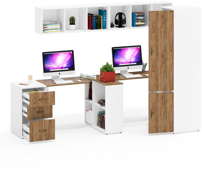 Лидер-8 Стол + Полка + Стол + Полка + Пенал МД 23Б + Тумба МД 3.16, цвет белый шагрень/крафт золото, 410х50х75/190 или 270х120/50х75/190, НЕ ун. сб.