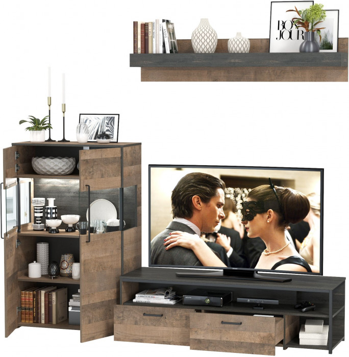 Трувор 13.70 Тумба под ТВ + 13.306 Комод с витриной, цвет дуб гранж песочный/интра, ШхГхВ 235,6х45,4х135,3 см., универсальная сборка