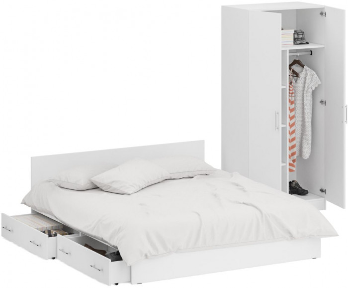 Кровать с ящиками 1800 + Шкаф 2-х створчатый Стандарт, цвет белый, ШхГхВ 183,5х203,5х70 + 90х52х200 см., сп.м. 1800х2000 мм., б/м, основание есть
