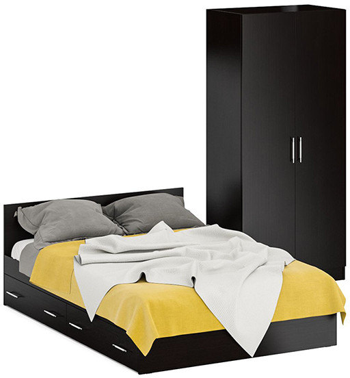 Кровать с ящиками 1400 + Шкаф 2-х створчатый Стандарт, цвет венге, ШхГхВ 143,5х203,5х70 + 90х52х200 см., сп.м. 1400х2000 мм., б/м, основание есть