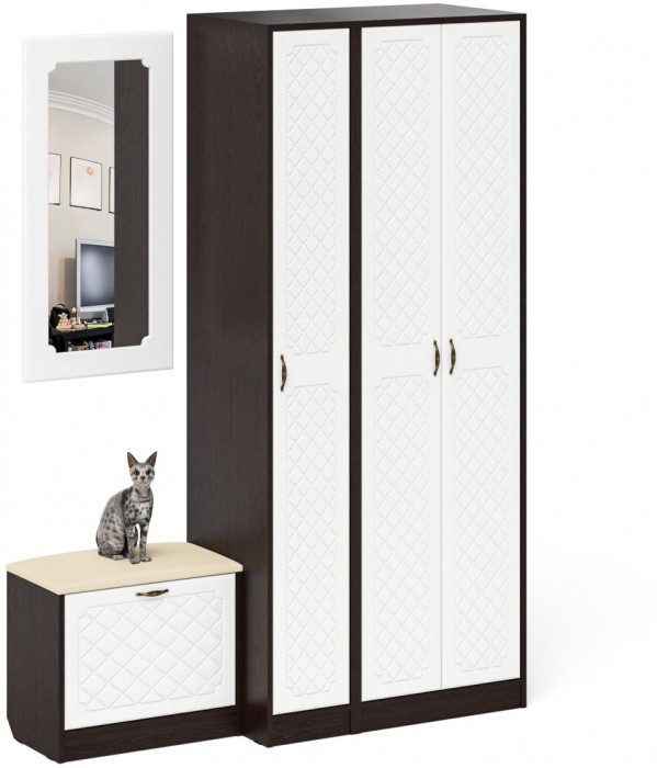 Прихожая П-6 Компоновка № 46, цвет венге/фасады МДФ белое дерево фрезеровка ромб, ШхГхВ 150х50х210 см., универсальная сборка