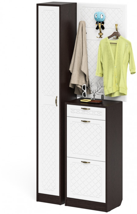 Прихожая П-6 Компоновка № 24, цвет венге/фасады МДФ белое дерево фрезеровка ромб, ШхГхВ 90х35х210 см., универсальная сборка