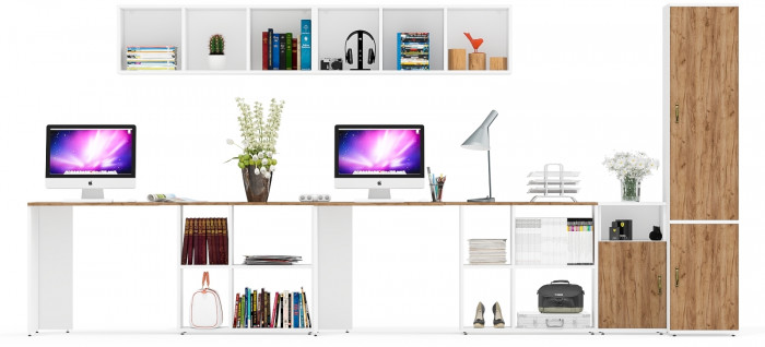 Лидер-8 Стол + Полка + Стол + Полка + Пенал МД 23Б + Тумба МД 3.19, цвет белый шагрень/крафт золото, 410х50х75/190 или 230х160/50х75/190, НЕ ун. сб.