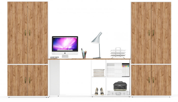 Лидер-8 Шкаф МД 20Б + Стол + Шкаф МД 19Б, цвет белый шагрень/крафт золото, ШхГхВ 325х50/37,5х75/190 или 115х240/50х75/190 см., НЕ ун.сб.