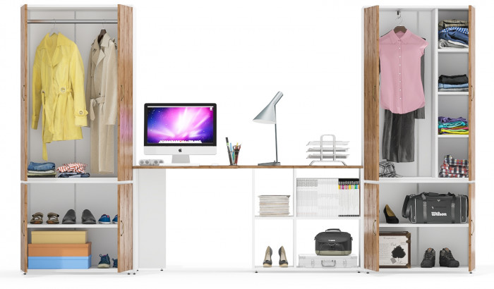 Лидер-8 Шкаф МД 20Б + Стол + Шкаф МД 19Б, цвет белый шагрень/крафт золото, ШхГхВ 325х50/37,5х75/190 или 115х240/50х75/190 см., НЕ ун.сб.