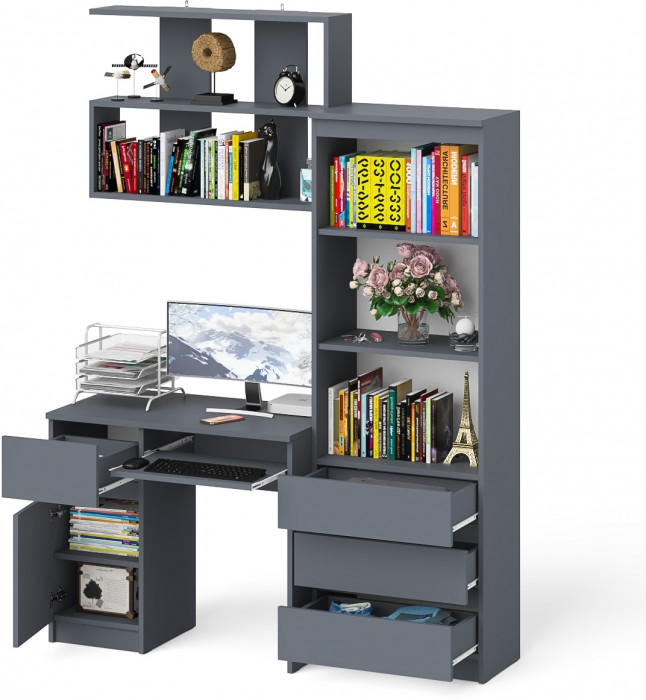 Мори компьютерный стол МС-1 левый + Стеллаж МСТ600.3 + Полка 900, графит