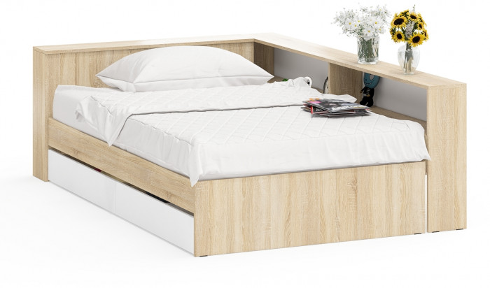 Ксения Кровать с ящиками 1200 + прикроватный блок, дуб сонома/белый